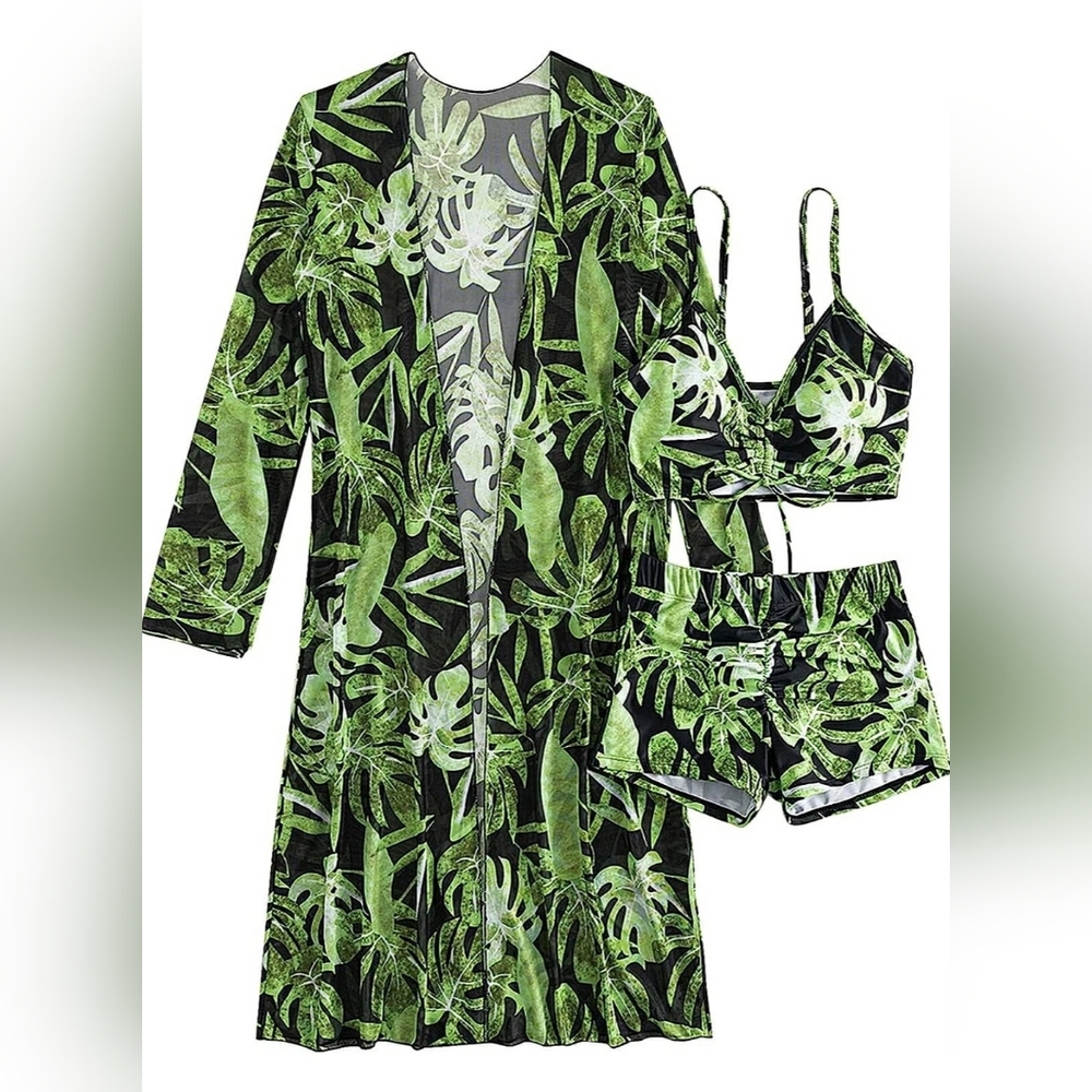 Tummy Control Swimwear, Tropical Print 3-pices Bikini Set in Green Size XL UK 16 - Picture 2 of 5